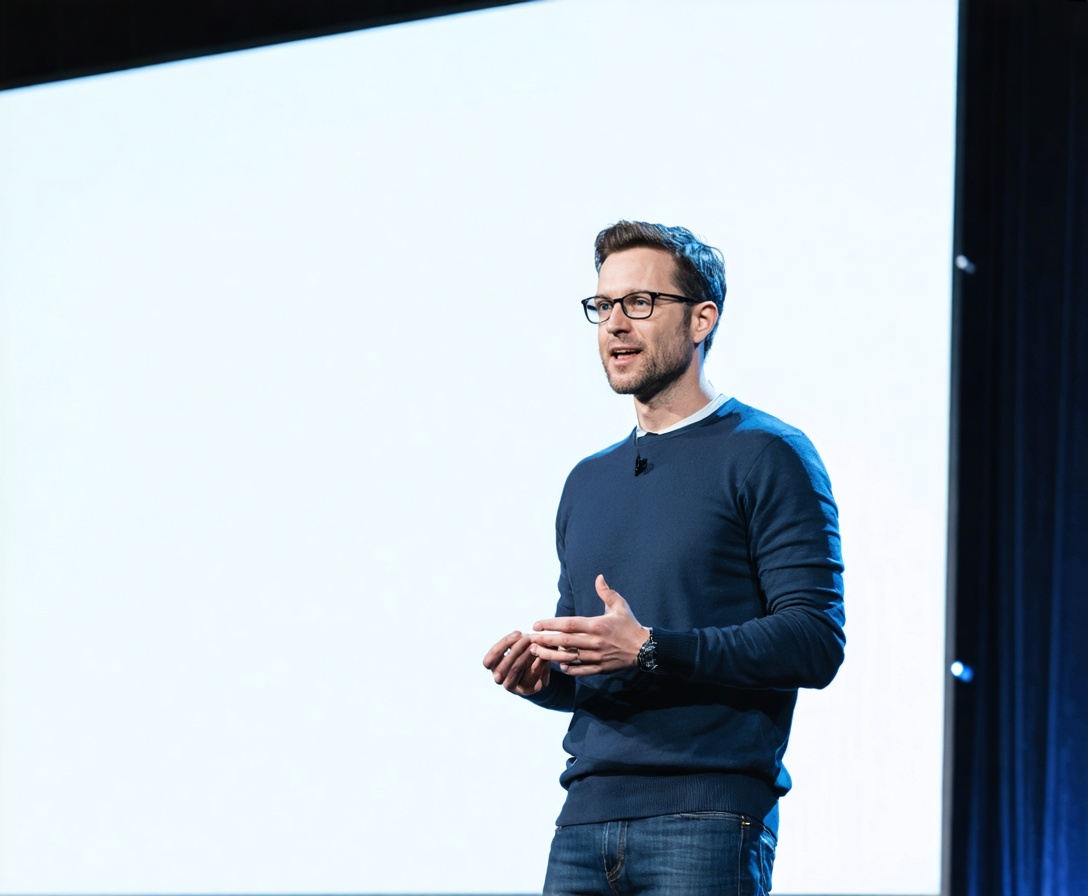 A successful client delivering a powerful keynote speech at a major technology conference