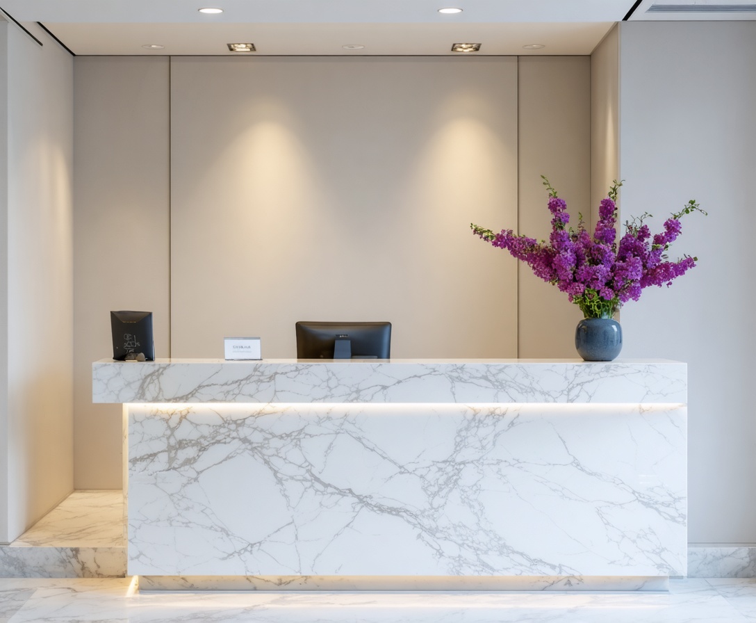 A minimalist reception desk in The Narrative Guild's Austin studio