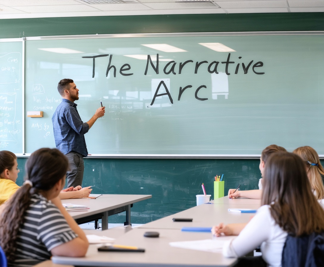A group seminar where a mentor is teaching the principles of the narrative arc to engaged students