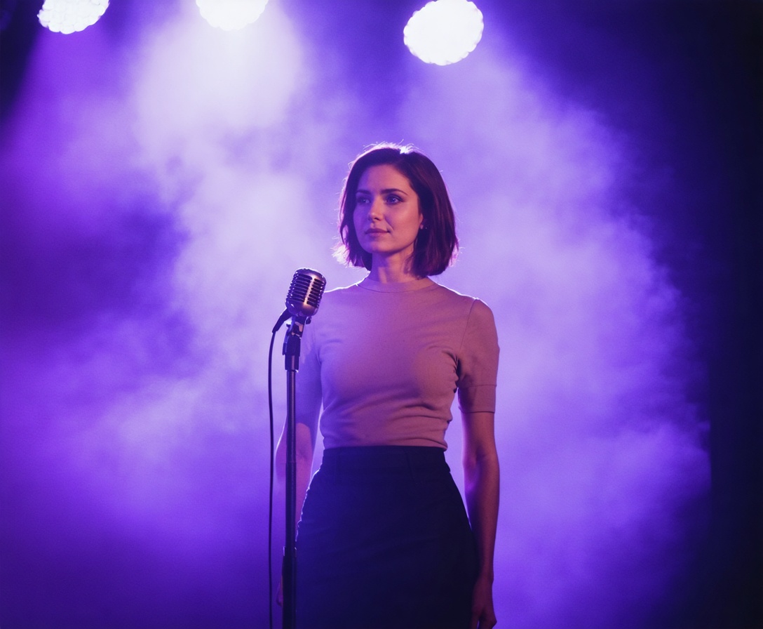 A confident speaker standing on a brightly lit stage with a microphone, addressing an engaged audience