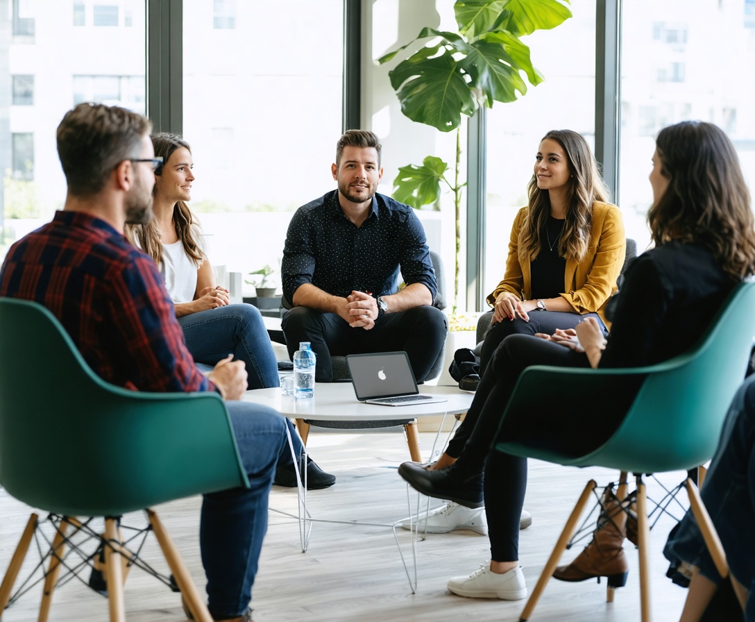 A group of diverse professionals participating in a collaborative storytelling workshop in a modern office